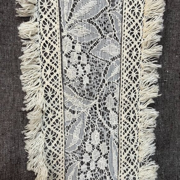 Ryu Bohemian Brown Chambray Fringe Lace Trim Bow Ties - Size Large - Picture 4 of 7